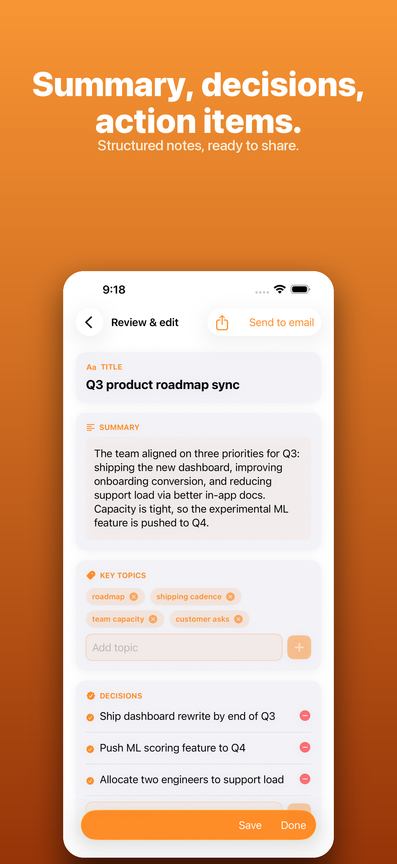Declutter — structured meeting notes with decisions and action items
